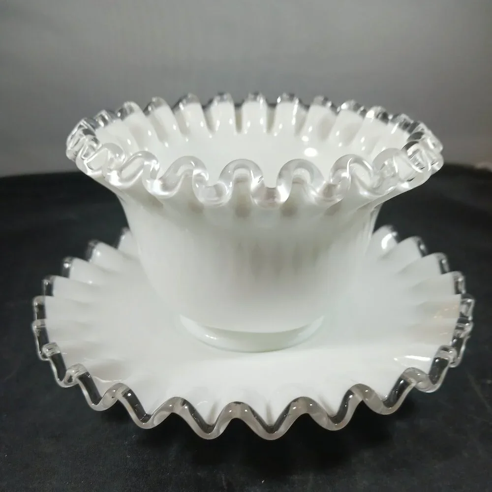 Fenton Milk Glass Silver Crest Mayonnaise Bowl And Underplate
